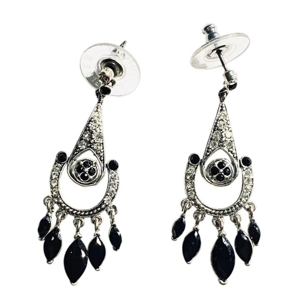 Monet Art Deco Style Silver & Black Crystal Rhinestone Chandelier‎ Earrings